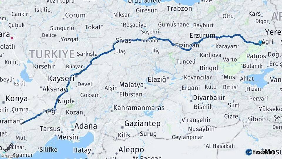 Ağrı Karaman Arası Kaç Km - Yol Haritası
