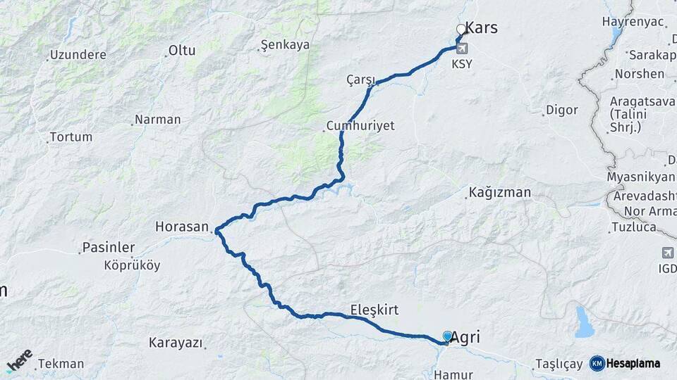 Ağrı Kars Arası Kaç Km - Yol Haritası