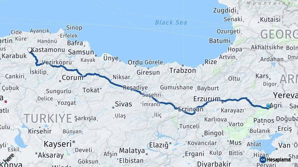 Ağrı Kastamonu Arası Kaç Km - Yol Haritası