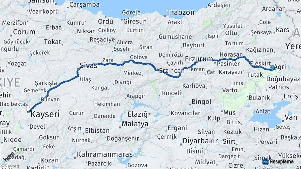 Ağrı Kayseri Arası Kaç Km - Yol Haritası