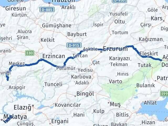 Ağrı Kemaliye Erzincan Arası Kaç Km - Yol Haritası