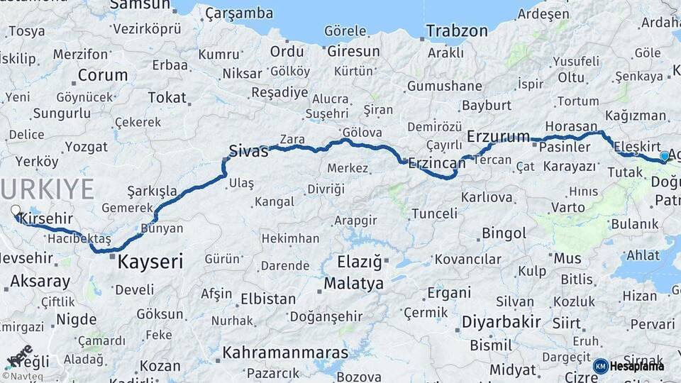 Ağrı Kırşehir Arası Kaç Km - Yol Haritası