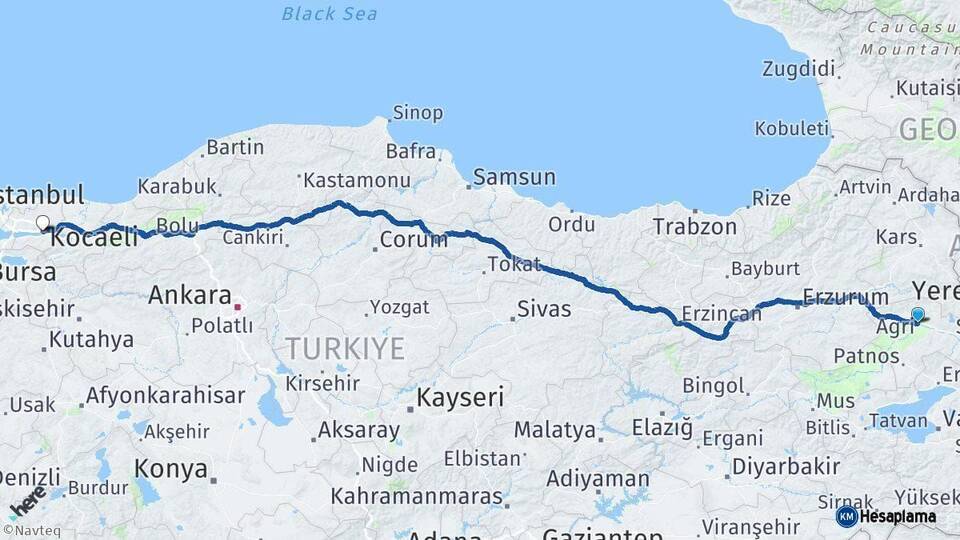 Ağrı Kocaeli Arası Kaç Km - Yol Haritası