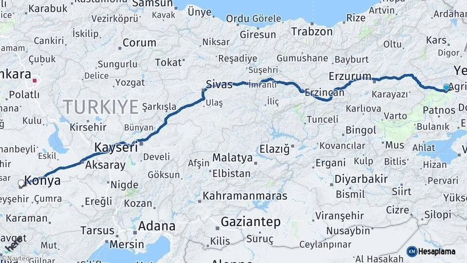 Ağrı Konya Arası Kaç Km - Yol Haritası
