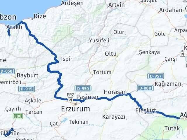 Ağrı Köprübaşı Trabzon Arası Kaç Km - Yol Haritası