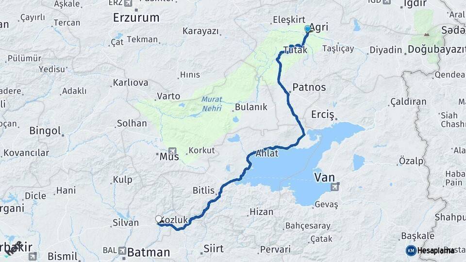 Ağrı Kozluk Batman Arası Kaç Km - Yol Haritası