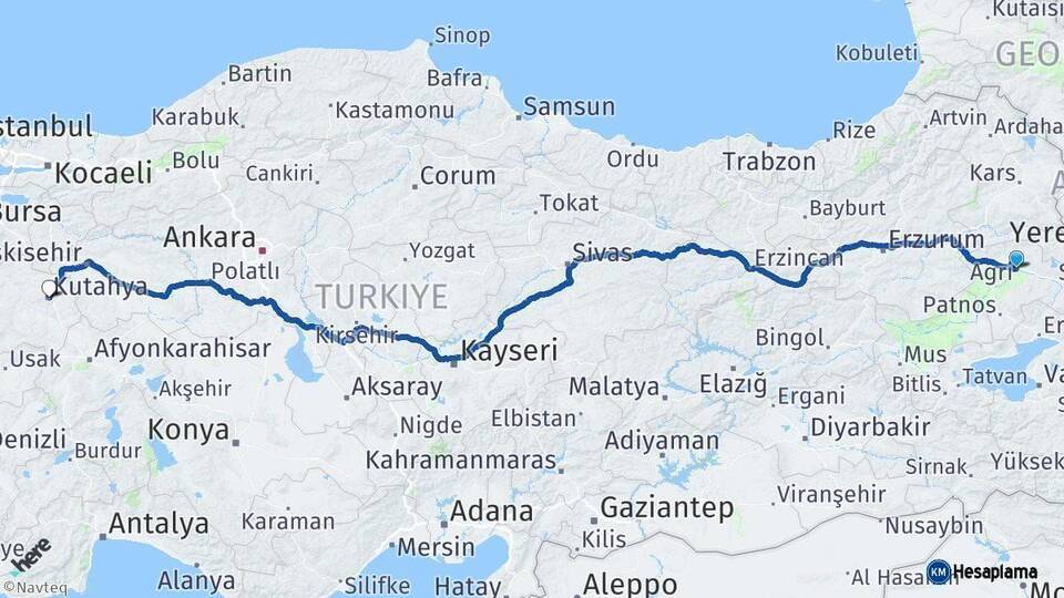 Ağrı Kütahya Arası Kaç Km - Yol Haritası