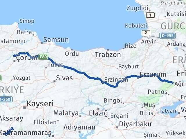 Ağrı Laçin Çorum Arası Kaç Km - Yol Haritası