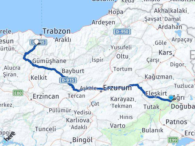 Ağrı Maçka Trabzon Arası Kaç Km - Yol Haritası