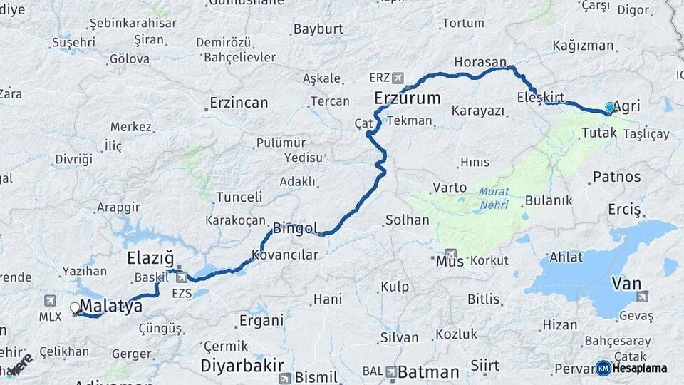 Ağrı Malatya Arası Kaç Km - Yol Haritası