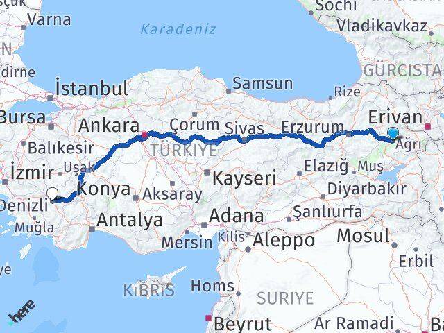 Ağrı Merkezefendi Denizli Arası Kaç Km - Yol Haritası