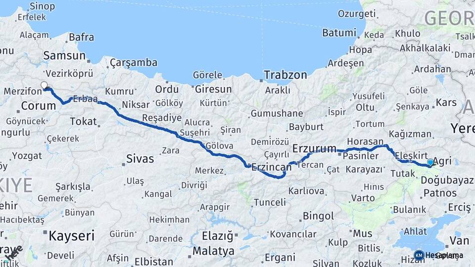 Ağrı Merzifon Amasya Arası Kaç Km - Yol Haritası
