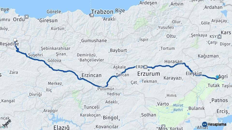 Ağrı Mesudiye Ordu Arası Kaç Km - Yol Haritası