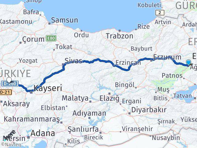 Ağrı Mucur Kırşehir Arası Kaç Km - Yol Haritası