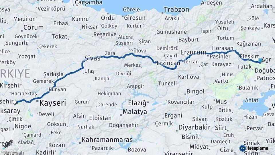 Ağrı Nevşehir Arası Kaç Km - Yol Haritası