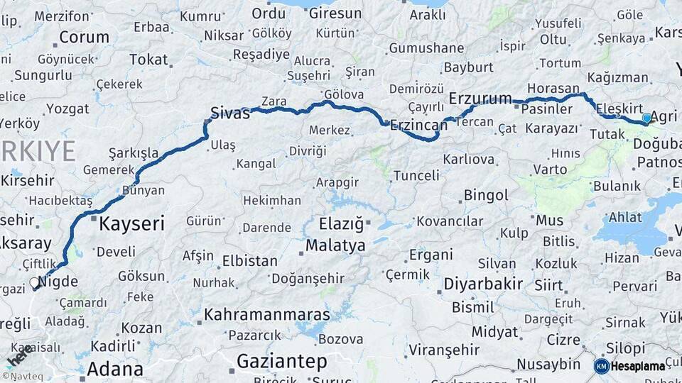Ağrı Niğde Arası Kaç Km - Yol Haritası