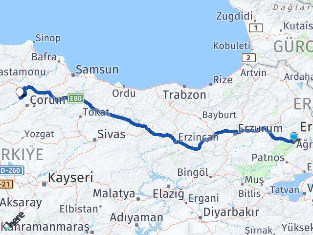 Ağrı Oğuzlar Çorum Arası Kaç Km - Yol Haritası