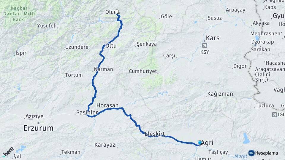 Ağrı Olur Erzurum Arası Kaç Km - Yol Haritası