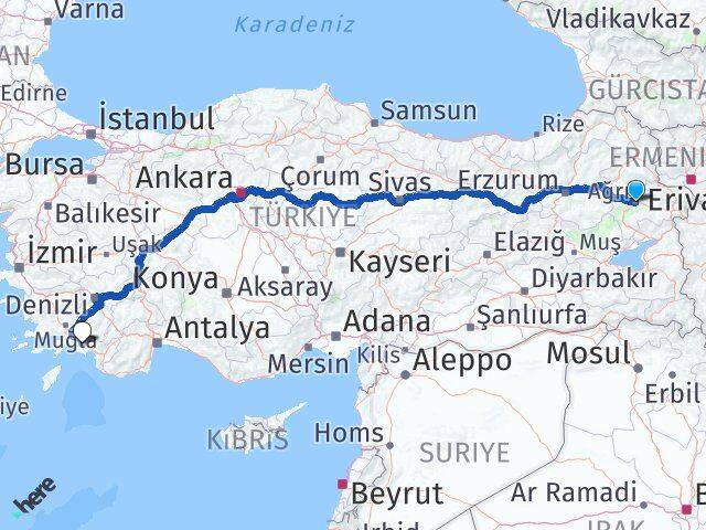 Ağrı Ortaca Muğla Arası Kaç Km - Yol Haritası