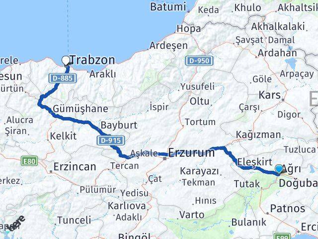 Ağrı Ortahisar Trabzon Arası Kaç Km - Yol Haritası