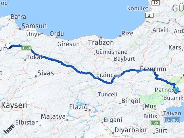 Ağrı Patnos Amasya Arası Kaç Km - Yol Haritası