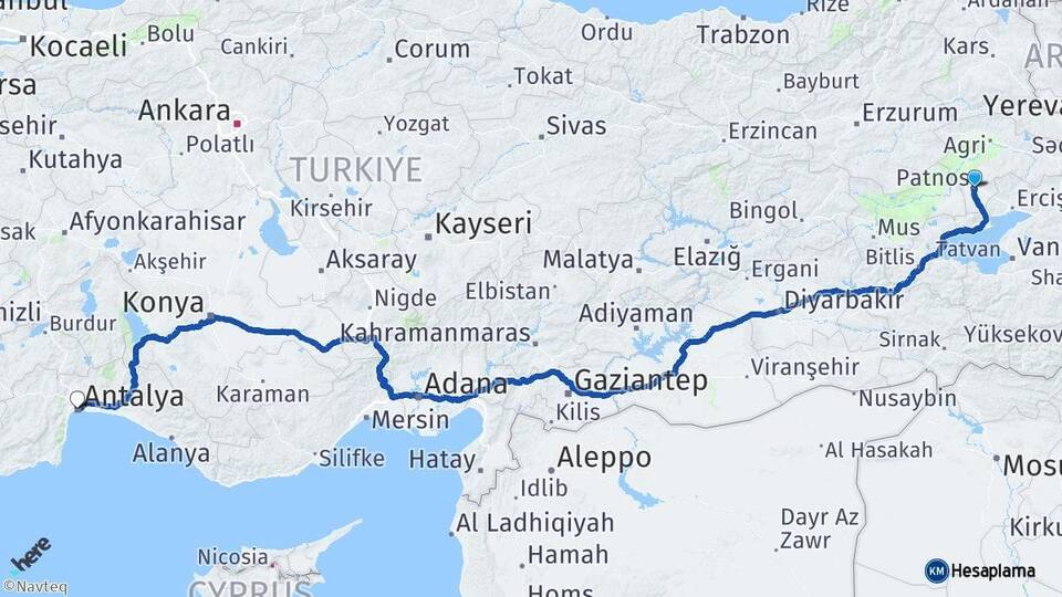 Ağrı Patnos Antalya Arası Kaç Km - Yol Haritası