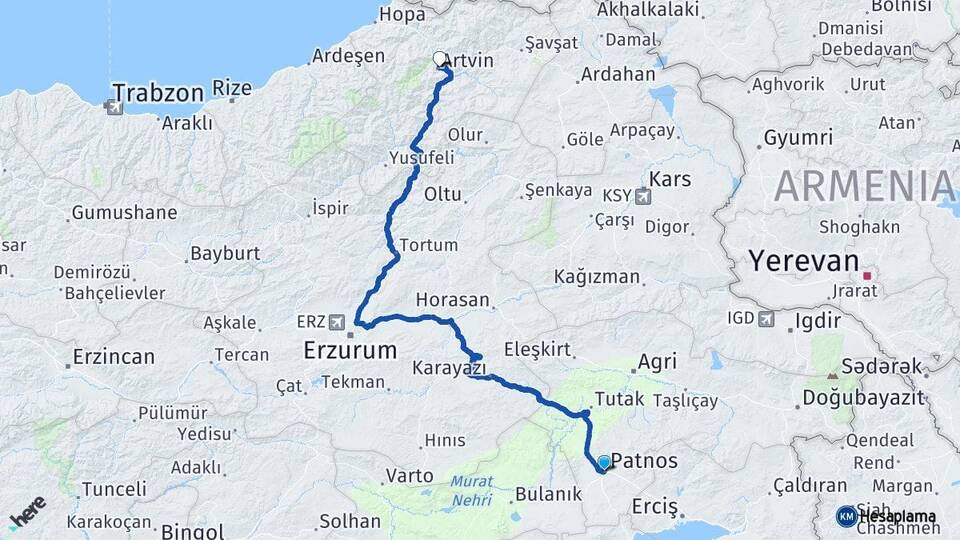 Ağrı Patnos Artvin Arası Kaç Km - Yol Haritası