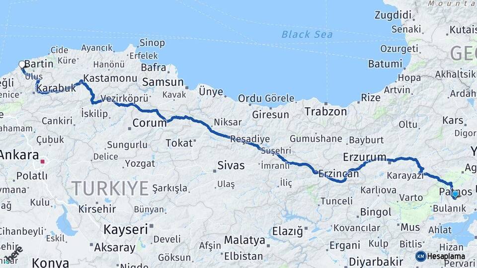 Ağrı Patnos Bartın Arası Kaç Km - Yol Haritası