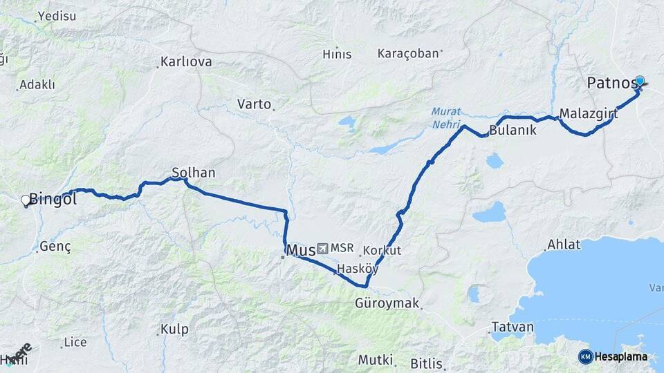 Ağrı Patnos Bingöl Arası Kaç Km - Yol Haritası