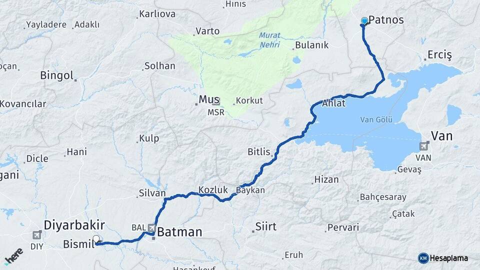 Ağrı Patnos Bismil Diyarbakır Arası Kaç Km - Yol Haritası