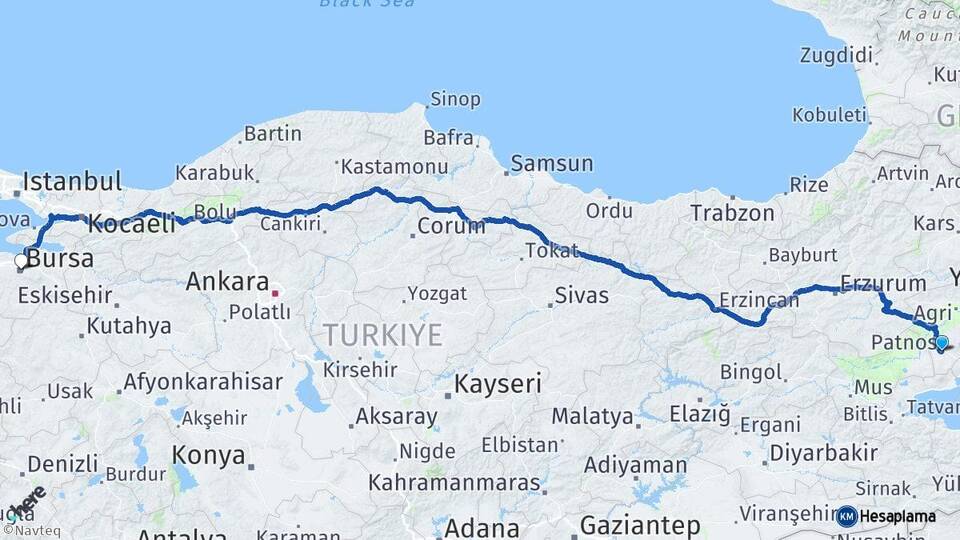 Ağrı Patnos Bursa Arası Kaç Km - Yol Haritası