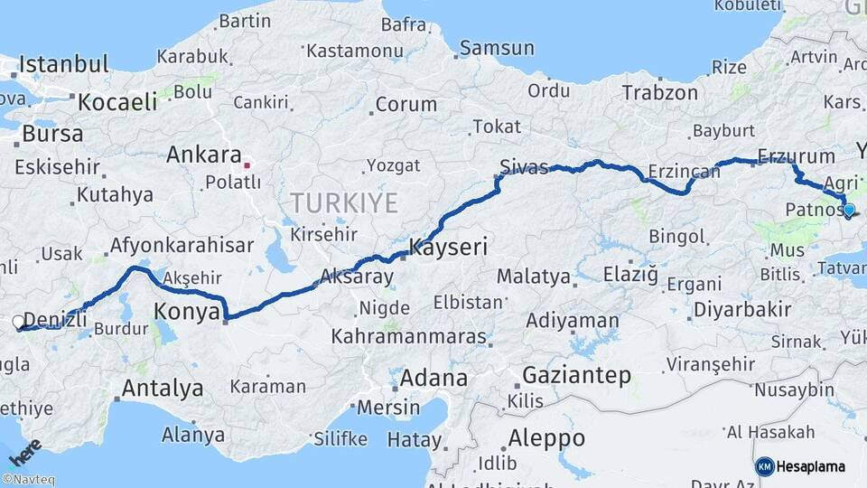 Ağrı Patnos Denizli Arası Kaç Km - Yol Haritası