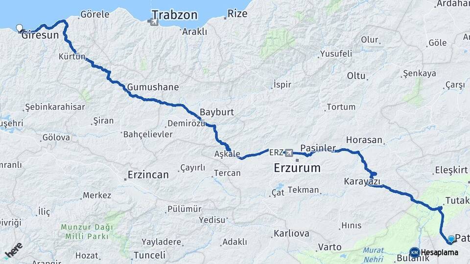 Ağrı Patnos Giresun Arası Kaç Km - Yol Haritası