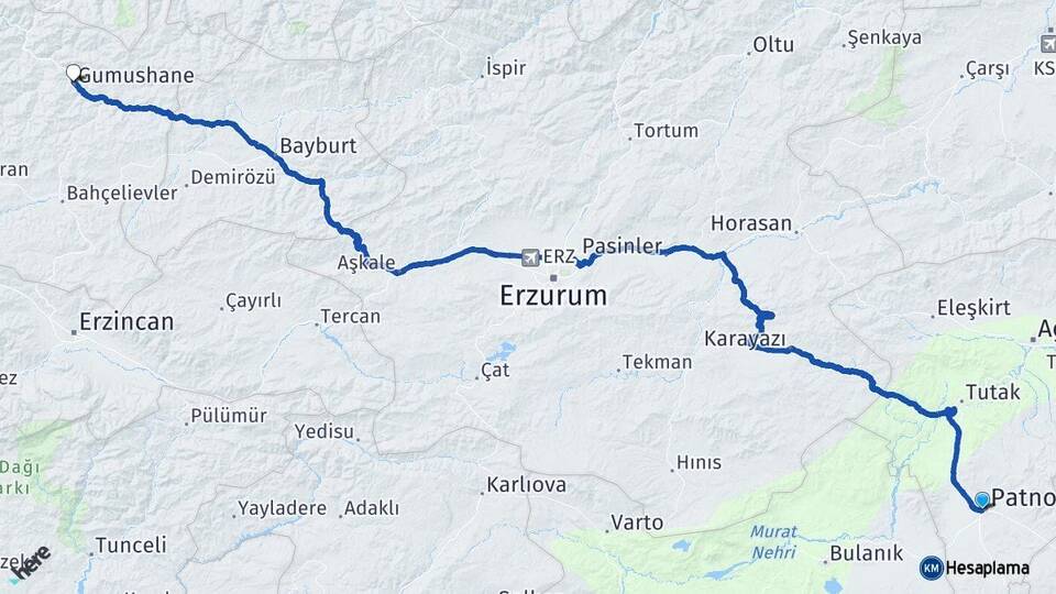 Ağrı Patnos Gümüşhane Arası Kaç Km - Yol Haritası