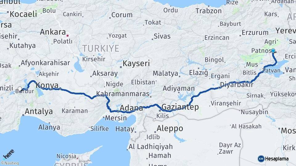 Ağrı Patnos Isparta Arası Kaç Km - Yol Haritası