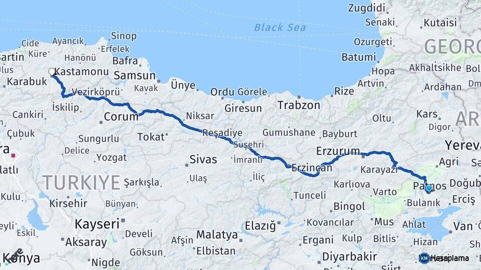 Ağrı Patnos Kastamonu Arası Kaç Km - Yol Haritası