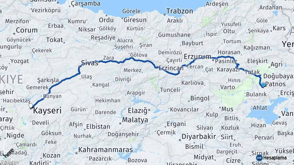 Ağrı Patnos Kayseri Arası Kaç Km - Yol Haritası