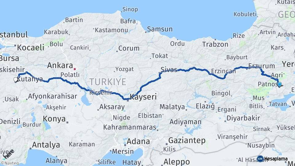 Ağrı Patnos Kütahya Arası Kaç Km - Yol Haritası