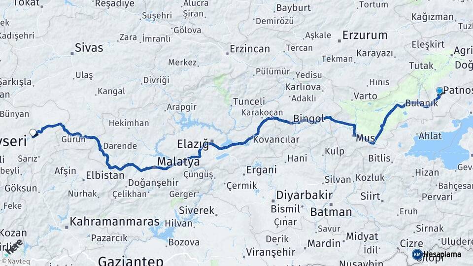 Ağrı Patnos Pınarbaşı Kayseri Arası Kaç Km - Yol Haritası