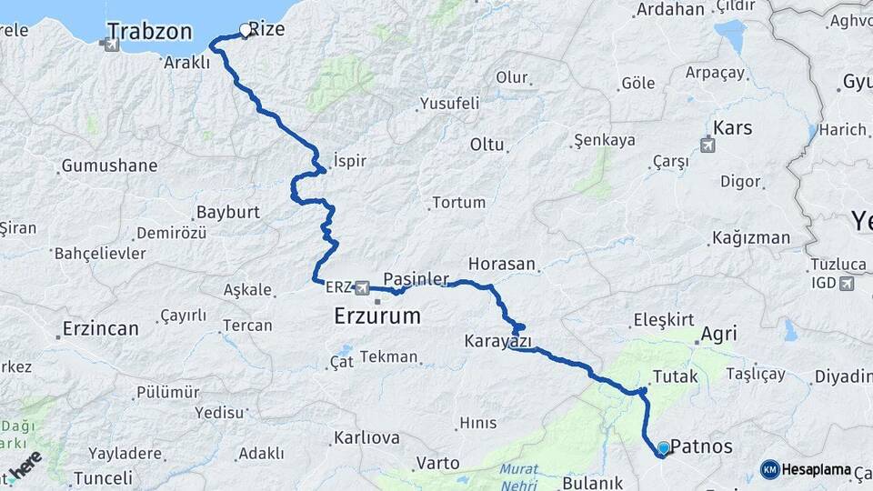 Ağrı Patnos Rize Arası Kaç Km - Yol Haritası