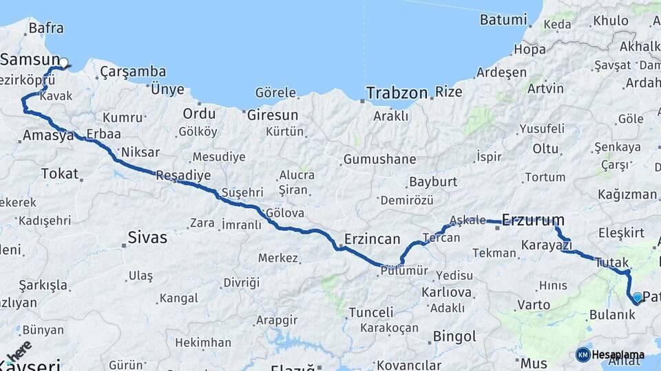 Ağrı Patnos Samsun Arası Kaç Km - Yol Haritası