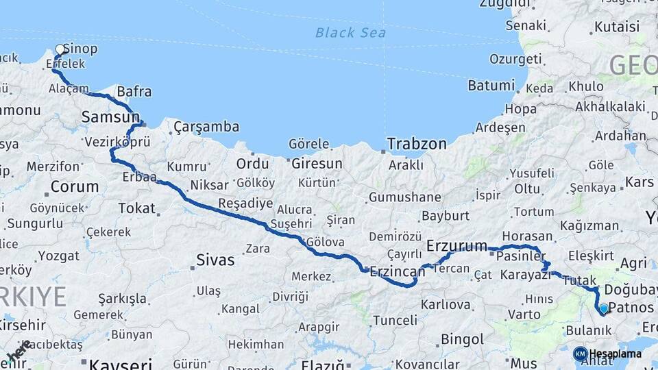 Ağrı Patnos Sinop Arası Kaç Km - Yol Haritası
