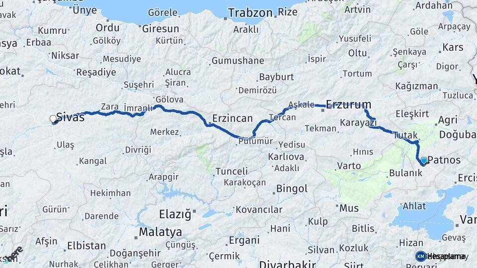 Ağrı Patnos Sivas Arası Kaç Km - Yol Haritası