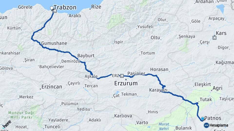Ağrı Patnos Trabzon Arası Kaç Km - Yol Haritası