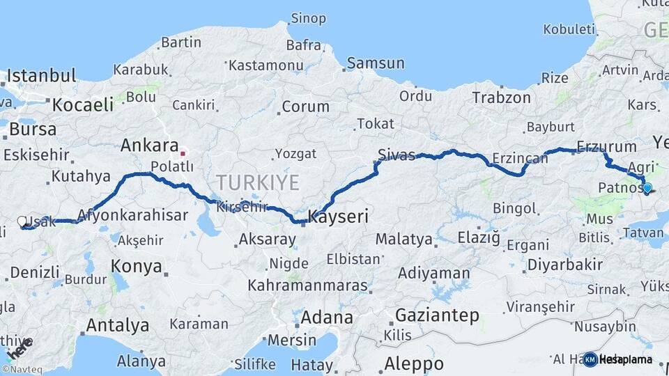 Ağrı Patnos Uşak Arası Kaç Km - Yol Haritası