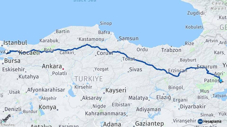Ağrı Patnos Yalova Arası Kaç Km - Yol Haritası