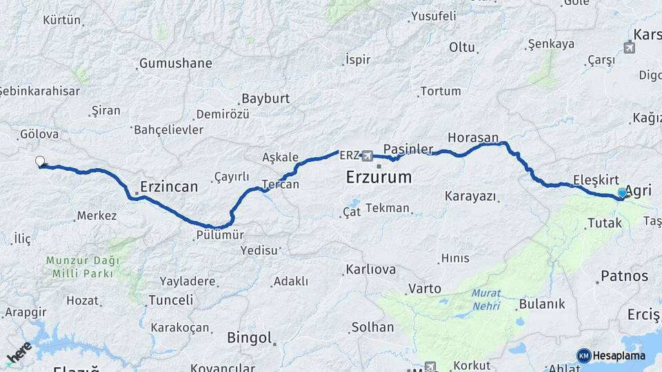 Ağrı Refahiye Erzincan Arası Kaç Km - Yol Haritası