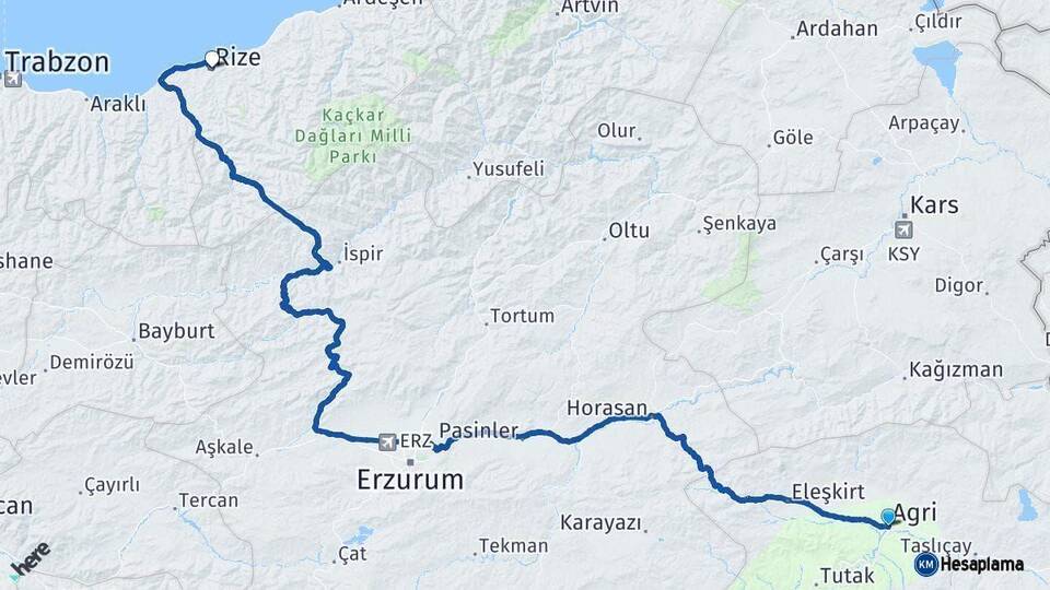 Ağrı Rize Arası Kaç Km - Yol Haritası