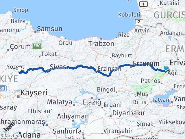 Ağrı Saraykent Yozgat Arası Kaç Km - Yol Haritası