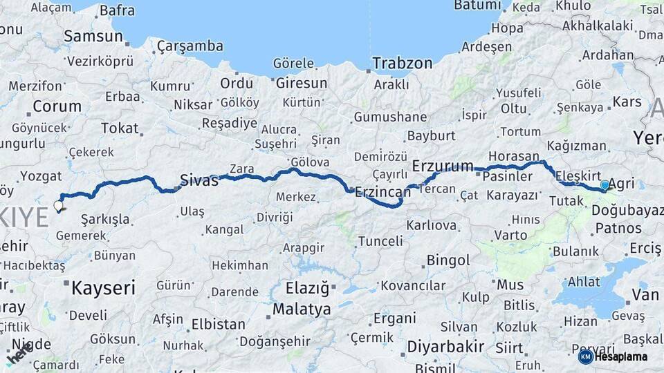 Ağrı Sarıkaya Yozgat Arası Kaç Km - Yol Haritası
